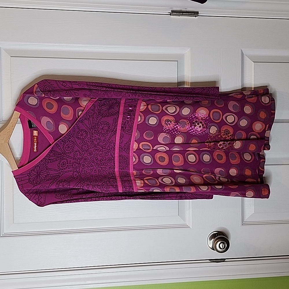 Desigual Bright Long Sleeve Faux Wrap Dress With Metallic Print Child Size 13/14